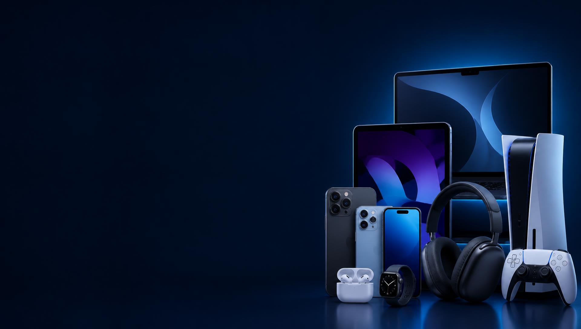 Brand-new factory-sealed consumer electronics: laptops, smartphones, tablets, headphones and game consoles